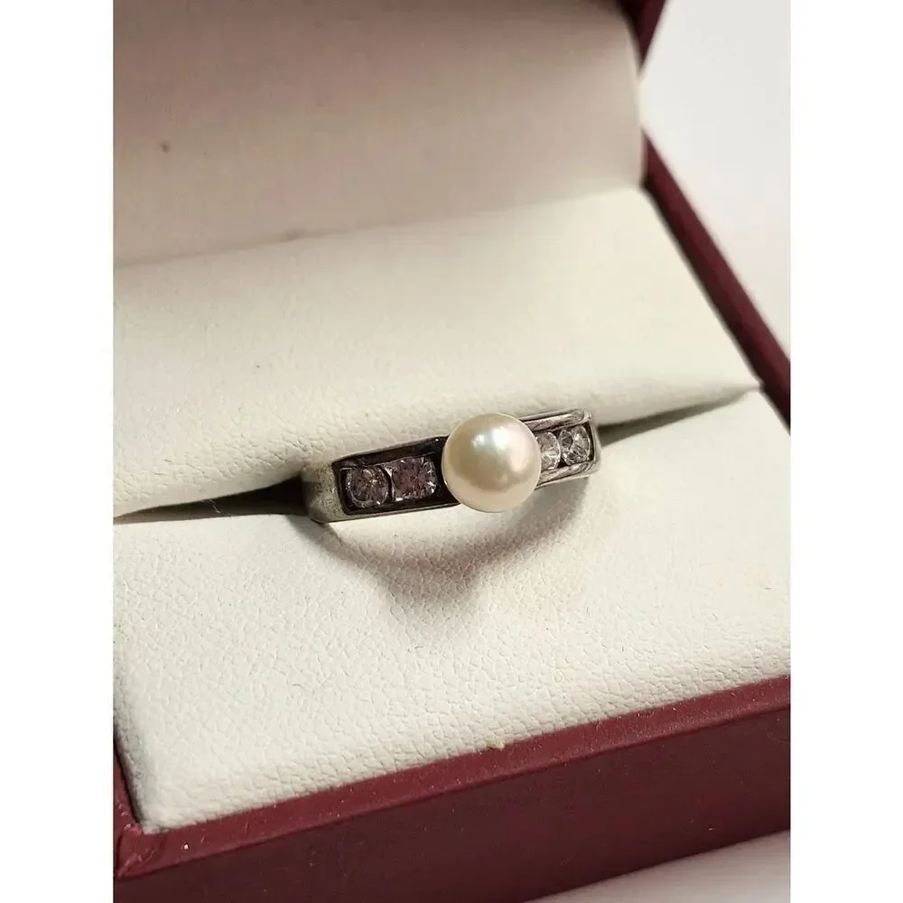 Pearl and Crystal Accent Sterling Silver Plated Ring Size 8